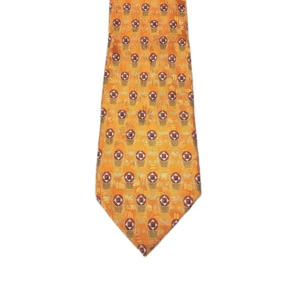 Ermenegildo Zegna Tie Necktie 100% Silk Orange Geometric Print Italy